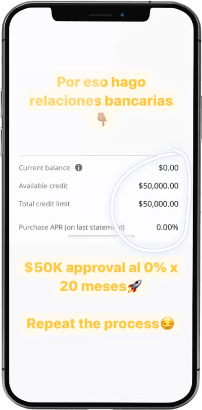 $50,000 aprobados al 0% por 20 meses · Por eso hago relaciones bancarias
